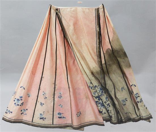 Three Chinese silk damask womens skirts, late 19th century, length 82 to 97cm, removable perspex cases (3)